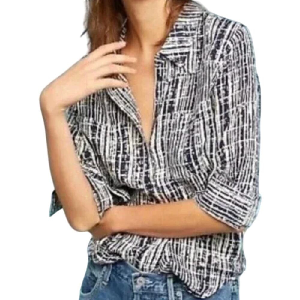 Anthropologie HOLDING HORSES Sammie Button Up AOP Printed Navy White 2 XS
